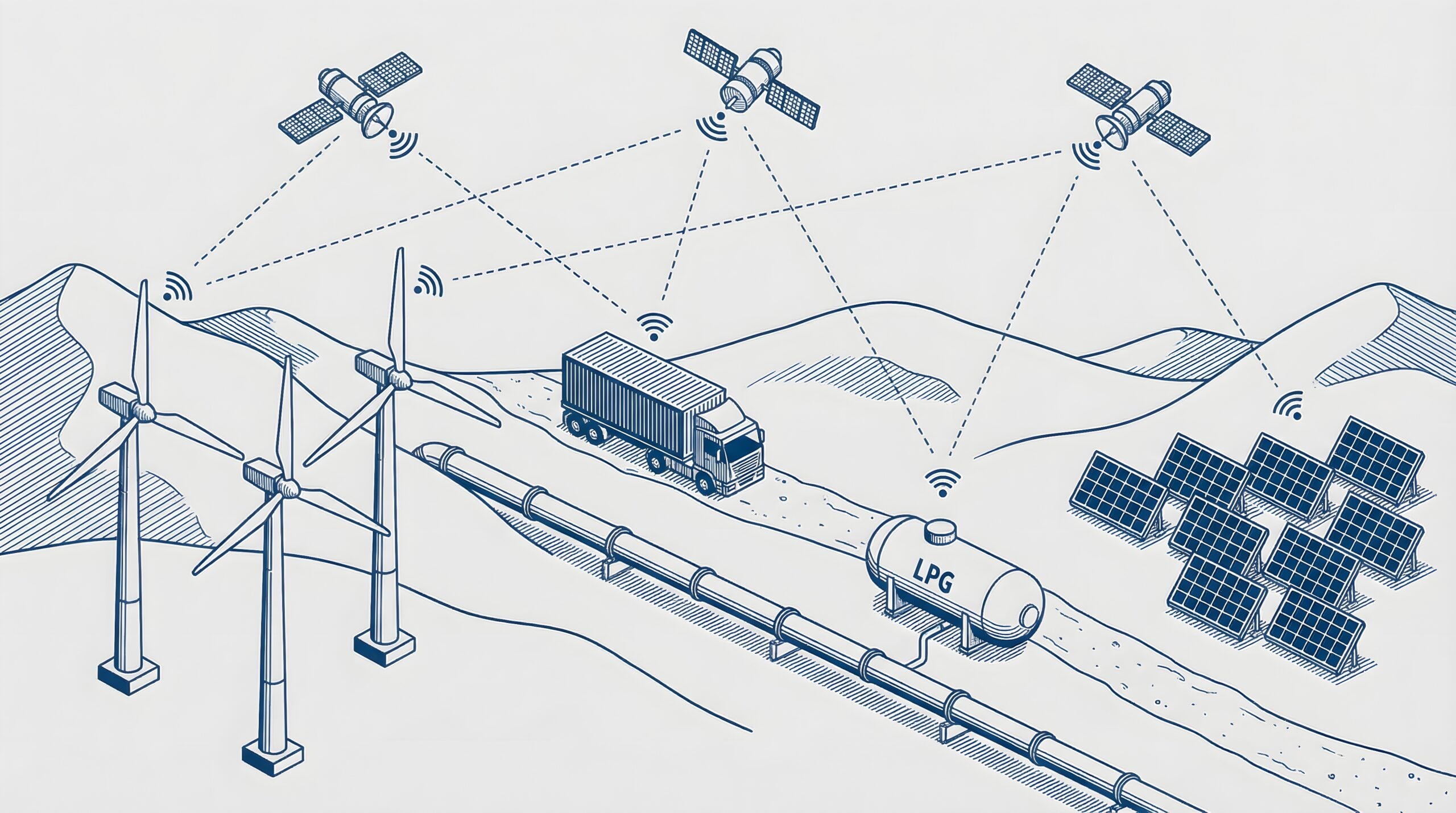 Line illustration drawing showing remote IoT applications and satellites
