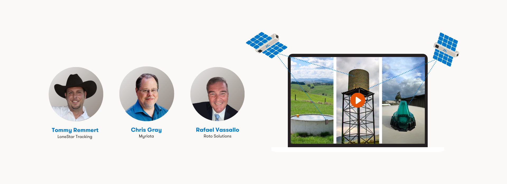 Website banner promoting a thought leadership webinar on tank monitoring featuring headshots of the panel of speakers from Myriota, LoneStar Tracking and Roto Solutions.