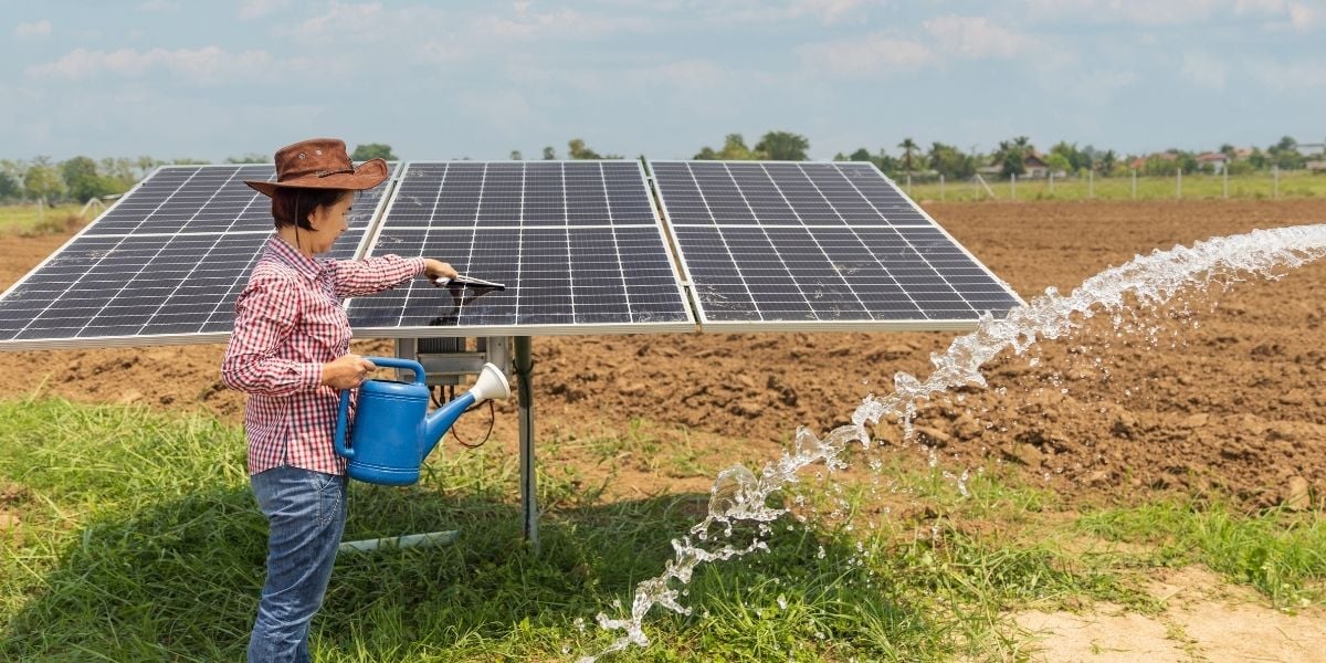 offgrid solar panel in a remote farm with a person
